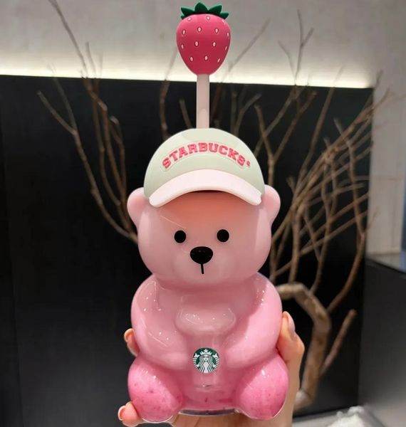 New Pink Bearista Glass Star bucks Bear Cups 20oz With Straw Cute Transparent Tumbler With Hat For Iced Coffee Cold Drinking Water Bottles Christmas Gift Wholesale