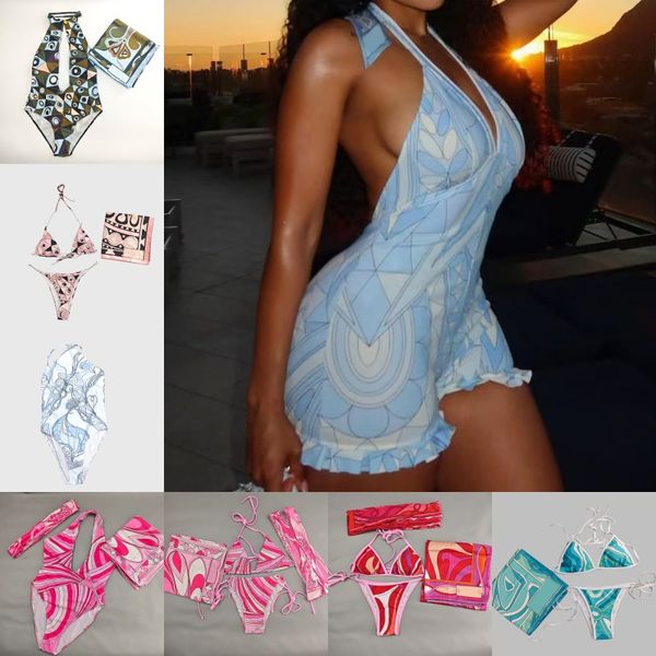 Mixed Prints Bikini Swimwear Headband Scarf Designer Women Sexy V Neck Swimsuits Sarong Skirt Halter Sleeveless Beachwear Beach Holiday Bathing Suits Swimsuit